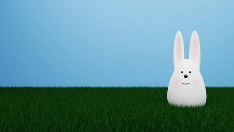 Easter bunny shaped as an egg sitting in the gras. 3D rendering. Stock Illustration