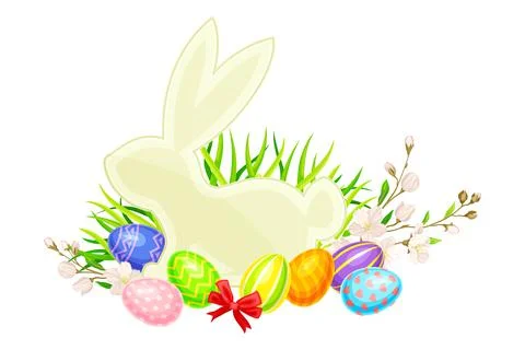 Easter Bunny Silhouette with Paschal Eggs Rested in Green Grass with Spring Stock Illustration