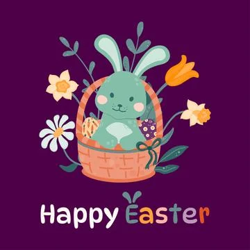 Easter bunny sits in a wicker basket with colorful Easter eggs on a backgro.. Stock Illustration