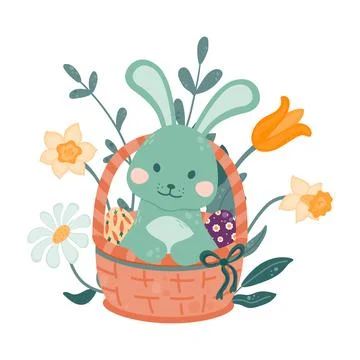Easter bunny sits in a wicker basket with colorful Easter eggs on a backgro.. Illustrazione stock