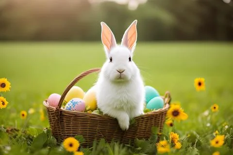 An easter bunny sitting in a basket of easter eggs outdoors 스톡 사진