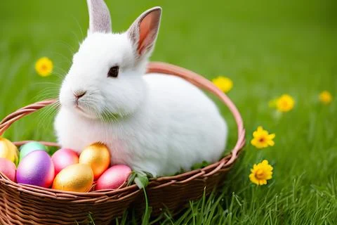 An easter bunny sitting in a basket of easter eggs outdoors Stock Photos