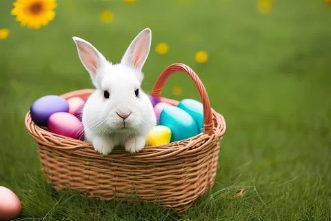 An easter bunny sitting in a basket of easter eggs outdoors Stock Photos