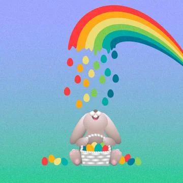 Easter Bunny Sitting With a Basket. Eggs Fall From the Rainbow Illustrazione stock