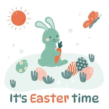 Easter bunny is sitting in a clearing with colored eggs spread out and gnaw.. Stock Illustration