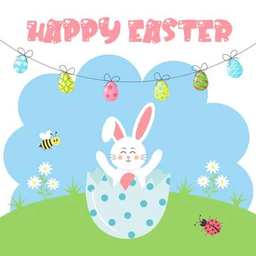 Easter bunny sitting in the egg shell on the meadow. Painted eggs are hanging Stock Illustration
