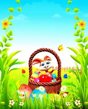 Easter bunny is sitting inside eggs basket Stock Illustration