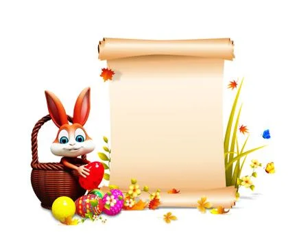 Easter bunny is sitting inside eggs basket near sign Illustrazione stock
