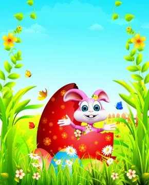 Easter bunny is sitting inside red egg on green grass Illustrazione stock