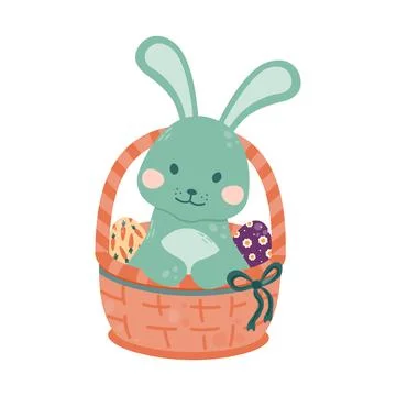 Easter bunny is sitting in a wicker basket with colorful Easter eggs. ?ute .. Stock Illustration