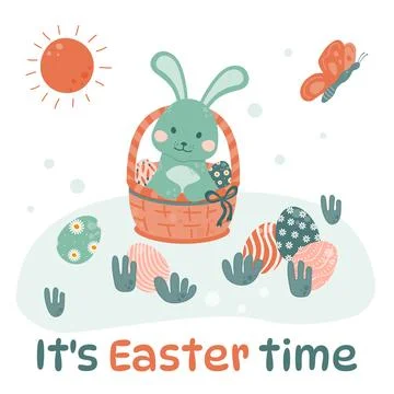 Easter bunny is sitting in a wicker basket with painted eggs. Stock Illustration