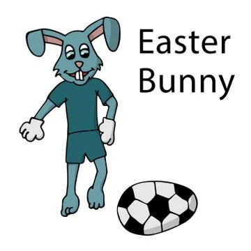 Easter bunny in a tracksuit kicks an Easter egg. white background isolated ca Stock Illustration