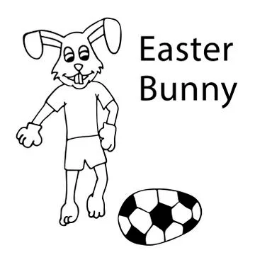 Easter bunny in a tracksuit kicks an Easter egg form of a soccer ball. isolat Stock Illustration