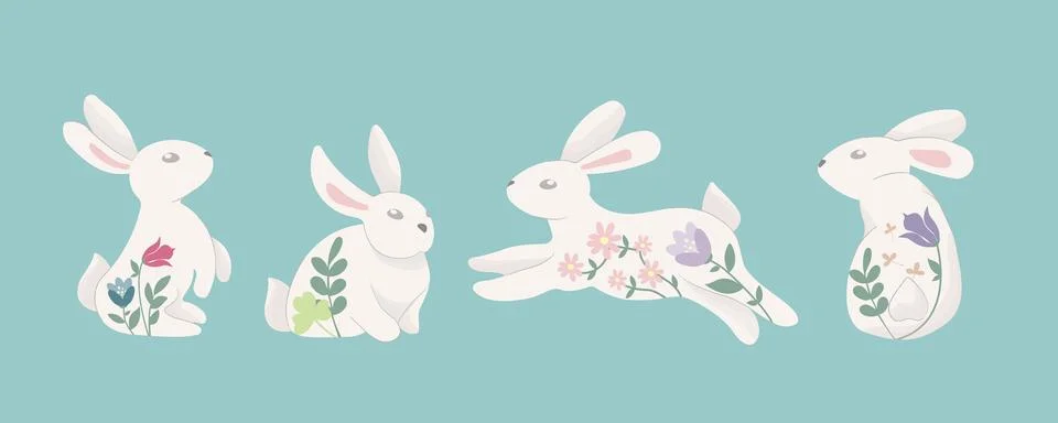 Easter bunny trendy set. Set of cute white rabbits or hares. Flat cartoon c.. Stock Illustration