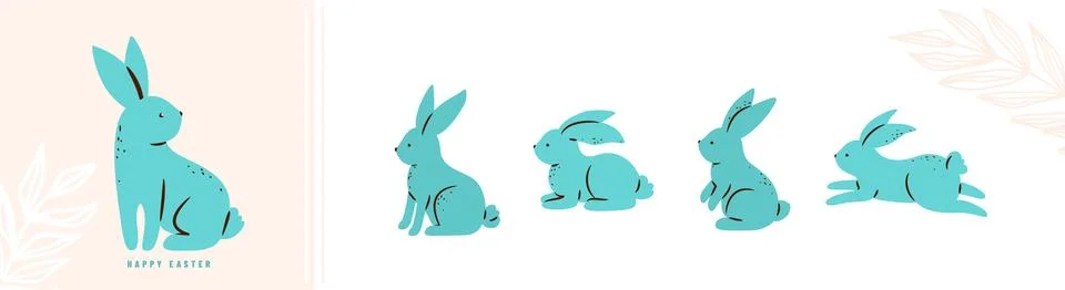 Easter bunny vector illustration. Cute rabbits in different poses, blue color Stock Illustration
