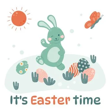Easter bunny is walking on the grass and waving his paw. Stock Illustration