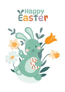 Easter bunny waves his hand and holds an Easter egg in his paws on a backgr.. Stock-Illustration