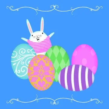 Easter bunny waving from behind rows of easter eggs Illustrazione stock