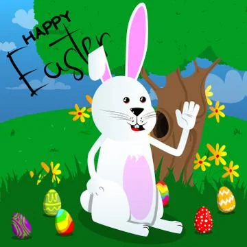 Easter bunny with waving hand. Vector cartoon character illustration. Stock Illustration