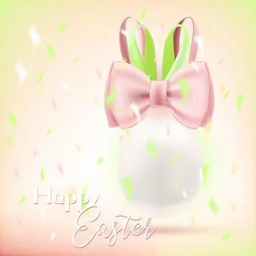 Easter Bunny White Egg and Pink Green Silk Bow Stock Illustration