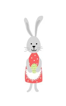 Easter bunny. Young easter girl rabbit in red dress with egg. Flat, cartoon Stock Illustration