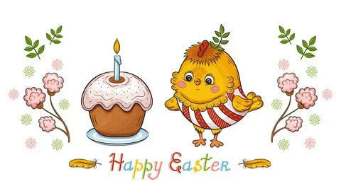 Easter cake and chick in painted egg shell.  Cute chicken. Happy holiday. Vector Illustrazione stock