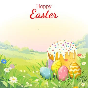 Easter cake and colored eggs on spring meadow Stock Illustration