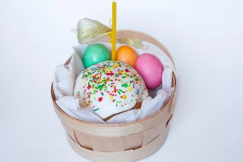 Easter cake and colored eggs Stock Photos