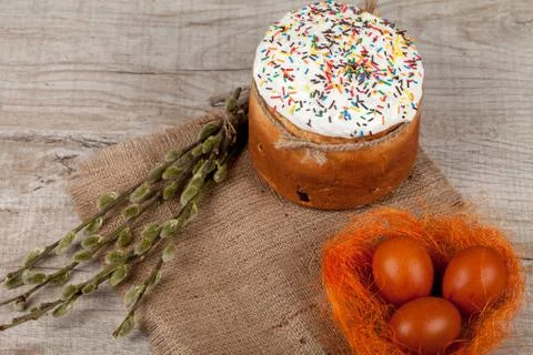 Easter cake and colored eggs 写真素材