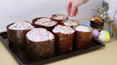 Easter cake and decoration festive table with Easter eggs serving traditional  Stock Footage 153511372