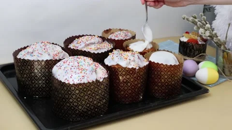 Easter cake and decoration festive table with Easter eggs serving traditional  Stock Footage 153511434