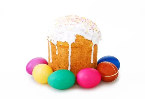 Easter cake and easter eggs on white background. Stock Photos