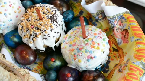 Easter cake and eggs in a basket Stock Footage 88216820