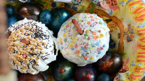 Easter cake and eggs in a basket Stock Footage 88218331