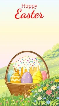 Easter cake and eggs in basket on spring field Stock Illustration