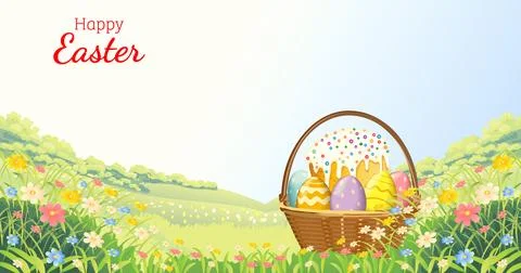 Easter cake and eggs in basket on spring meadow Stockillustratie
