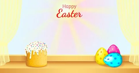 Easter cake and eggs on sunny window, vector Illustrazione stock