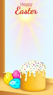 Easter cake and eggs on sunny windowsill, vector Stock Illustration