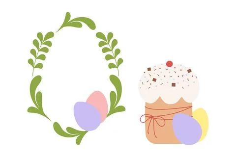 Easter cake and Painted Easter Eggs and Oval Frame of Decorative Leaves and Eggs Stock Illustration