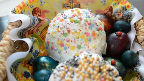 Easter cake and painted eggs in a basket Stock Footage 88207988