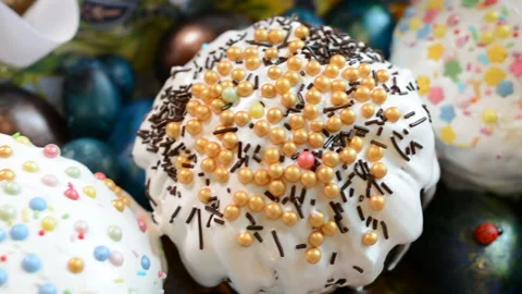 Easter cake and painted eggs in a basket Stock Footage 88209282