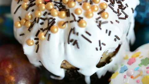 Easter cake and painted eggs in a basket Stock Footage 88211527