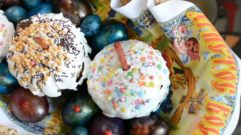 Easter cake and painted eggs in a basket Stock Footage 88213210