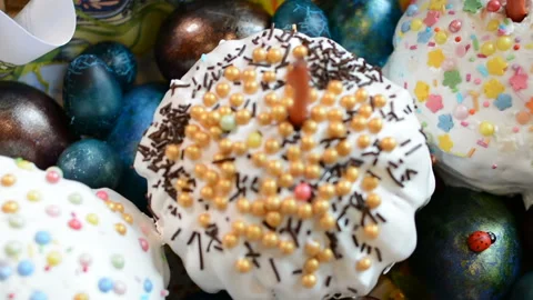 Easter cake and painted eggs in a basket Stock Footage 88215922