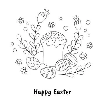 Easter cake and painted eggs in hand-drawn style. Black and white vector illu Stock Illustration