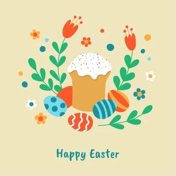 Easter cake and painted eggs in hand-drawn style. Easter card design template Stock Illustration