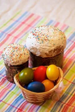 Easter cake and painted eggs Stock Photos