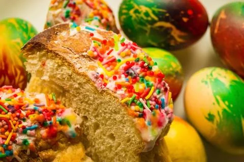 Easter cake and painted eggs. Stock Photos