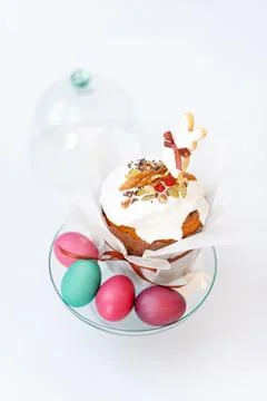 Easter cake and painted eggs. Easter composition with orthodox sweet bread, k Stock Photos