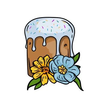 Easter cake and spring flowers yellow and blue Stock Illustration